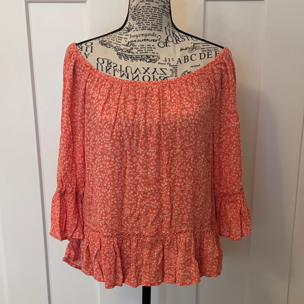 Democracy Coral Floral Off-Shoulder Ruffle Blouse